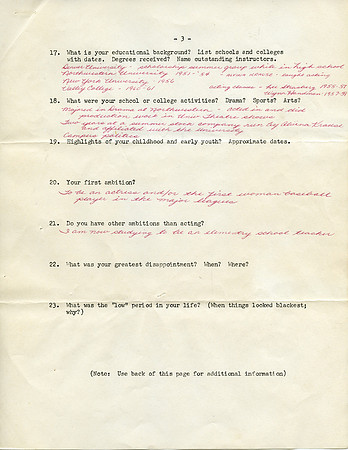 Original Handwritten Bio - Aneta Corsaut (Personal Bio) 1961