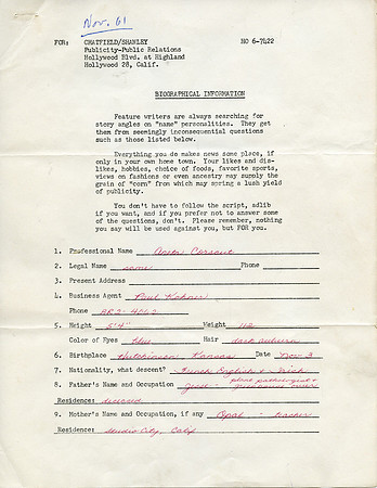 Original Handwritten Bio - Aneta Corsaut (Personal Bio) 1961