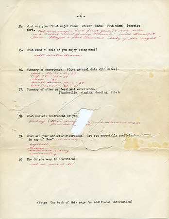 Original Handwritten Bio - Aneta Corsaut (Personal Bio) 1961