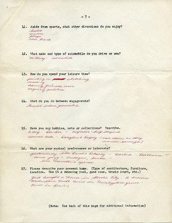 Original Handwritten Bio - Aneta Corsaut (Personal Bio) 1961
