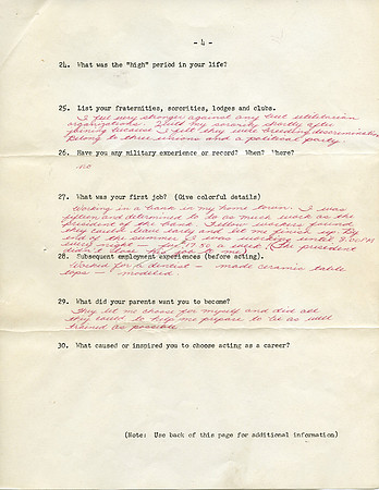 Original Handwritten Bio - Aneta Corsaut (Personal Bio) 1961