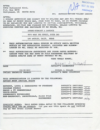 Original Michael J Pollard (Cousin Virgil) Contract