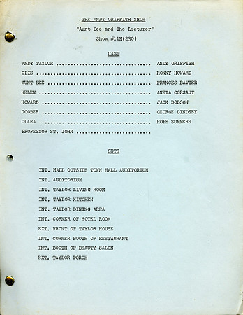Aunt Bee & the Lecturer - Aneta Corsaut (Helen Crump) Original Script with her hand written notes