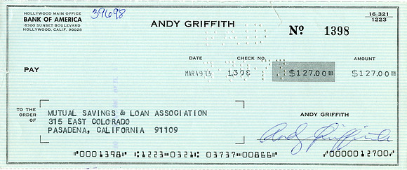Original Andy Griffith Check
