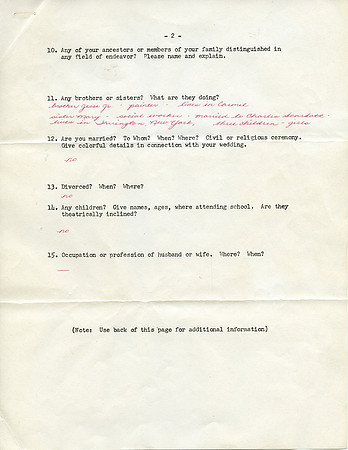 Original Handwritten Bio - Aneta Corsaut (Personal Bio) 1961