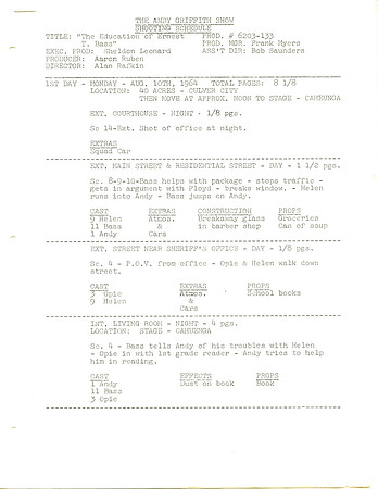 The Education of Ernest T Bass - Aneta Corsaut (Helen Crump) Original Shooting Schedule