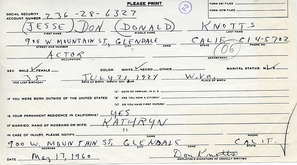 Original Don Knotts filled out and signed form