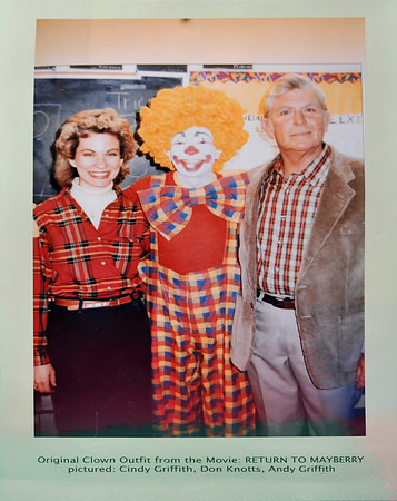 Don Knotts in the clown costume posing with Cindy and Andy Griffith, picture taken by Jack Dodson